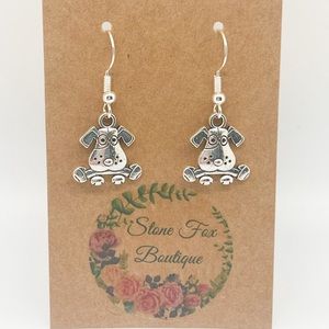 Adorable .925 Sterling Silver Hook Wire Earrings with Cartoon Dog Novelty Charms